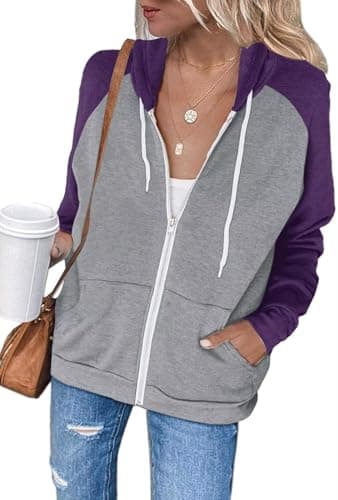 Image of LACOZY Women's Full Zip Hoodie Fall Jacket Sweatshirt Hooded Long Sleeves with Pockets Basic Fall Tops Purple M