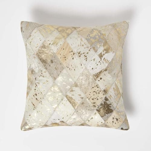 Image of HOMESCAPES Gold & Grey Leather Cushion 45 x 45 cm Geometric Cushion With Suede Reverse Real Leather Modern Accent Pillow for Sofa Cushion Insert Included