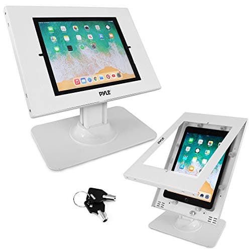 Image of Pyle Anti-Theft Tablet Security Stand - Table Mount Desktop iPad Kiosk With Lock and Key, 90° Rotate 75° Tilt for iPad, Samsung Galaxy Tab A (2022) PSPADLK18, White