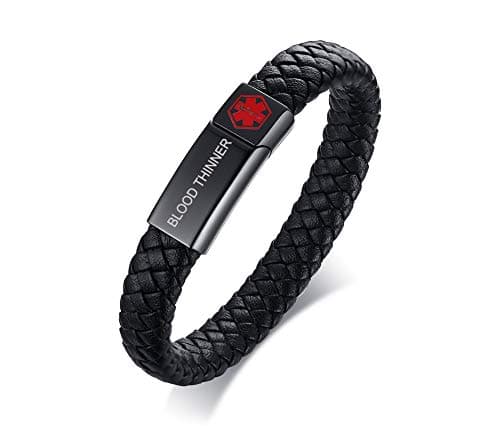 Image of PJ JEWELLERY BLOOD THINNER Braided Genuine Leather Medical ID Wristband Mens Medical Alert Leather Bracelet with Stainless Steel Magnetic Clasp