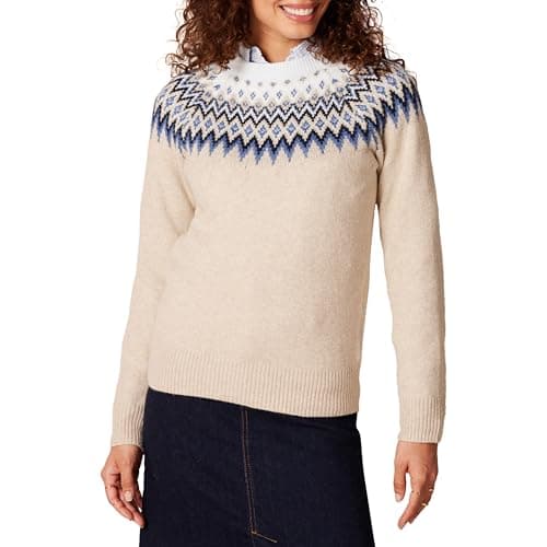 Image of Amazon Essentials Women's Fair Isle Christmas Crewneck Pattern Jumper, Blue Taupe Heather White Fair Isle, XL