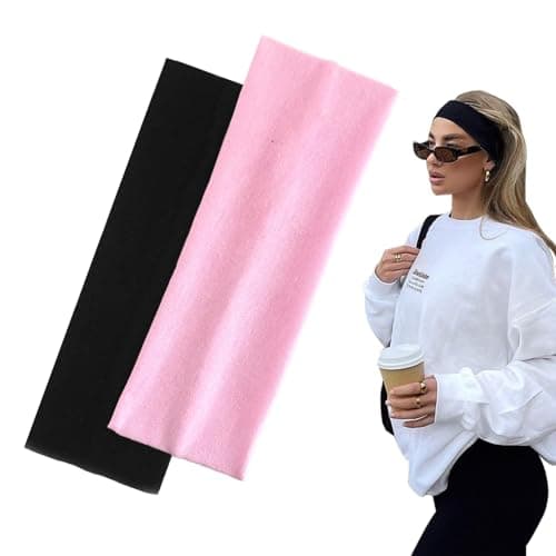 Image of 7cm Wide Black Headbands for Women Men, Yedtreg 2pack Fashion Head Bands for Women's Hair, Soft Fabric Stretchy Hair Bands for Makeup, Yoga, Running, Sports (Black/Pink)