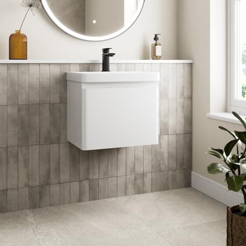 Image of Affine® 500mm Vanity Unit Wash Basin Sink Bathroom Wall Mounted Storage Cabinet Cupboard Cloakroom, Soft Close Drawer, White Gloss