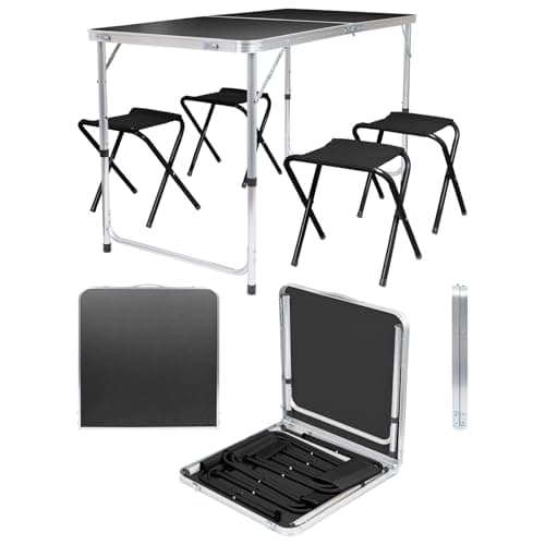 Image of Harbour Housewares 120cm (4ft) Height Adjustable Aluminium Folding Picnic Table with 4 Chairs - Black - 4-Seater Foldable Portable Outdoor Garden Patio Camping BBQ Dining Trestle Furniture