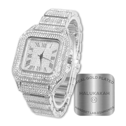 Image of HALUKAKAH Diamonds Gold Watch Iced Out, Men's Platinum White Gold Plated 40MM Width Square Dial Quartz Wristband 24cm, Free Giftbox