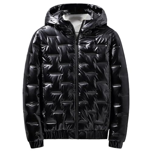 Image of Quilted Puffer Jacket Winter Warm Men Puffer Coat Shiny Reflective Coat Plus Size Bomber Down Jacket Black Medium
