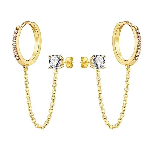 Image of Chain Earrings for Women - 925 Sterling Silver Hoop Double Piercing Gold Huggie Hoop Earrings Set with Cubic Zirconia Stud Tassel Drop Link Cuff Cartilage Helix Earring for Teen Girls Jewellery Gift