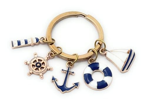 Image of FizzyButton Gifts Ocean Sailing Keyring Key Ring with Gold Tone Enamel Charms - Ship's Wheel, Anchor, Lifebuoy, Lighthouse and Boat