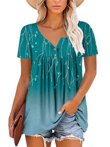 Image of Magritta Women Plus Size Shirts Short Sleeve Blouses V Neck Summer Floral Printed Tunic Tops for Leggings Ruffle Swing Tops Blue Green, 26-28