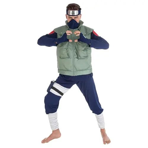 Image of Adult Kakashi Hatake Naruto Shippuden Costume – 8-Piece Anime Cosplay Fancy Dress Outfit (Size M) | Includes Jacket, Top, Trousers, Headband, Mask, Gloves, Bag & Pouch – Halloween & Parties