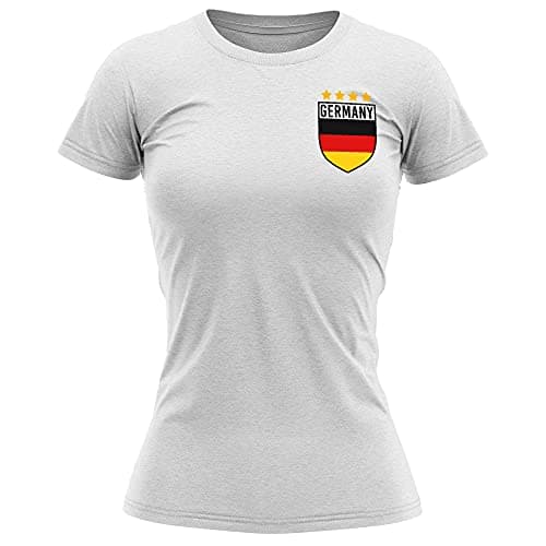 Image of Germany Football Shirt Women - Retro Germany Flag Badge T Shirt - Football Country European Supporters 2020 Tee Her - German Tournament 2021 Footy Soccer Top, M, White