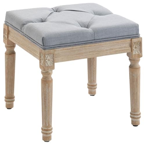 Image of HOMCOM Vintage Foot Stool, Tufted Square Footrest with Wood Legs, Dressing Table Seat for Bedroom, Living Room, Light Grey