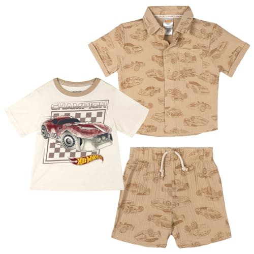 Image of Hot Wheels Little Boys Cotton Gauze Button Down Shirt, T-Shirt and Shorts 3 Piece Outfit Set Tan/White 7-8