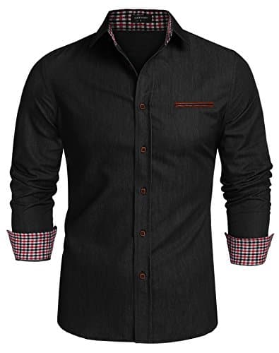 Image of COOFANDY Men's Shirts Long Sleeve Casual Denim Shirt Slim Fit Button Down Formal Dress Shirt Cotton Cowboy Shirts with Plaid Collar Black L