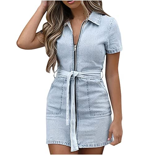 Image of Denim Dresses Women UK Sale Clearance Summer Casual V Neck Midi Dress Zip Up Y2k Streewear Short Sleeve A-Line Mini Dress Beach Sundress Sexy Dresses Ladies Trendy Tunic Dresses with Pocket Belted