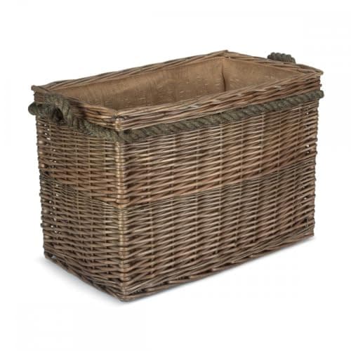 Image of Delux , Rectangular , Hessian Lined Log Basket. Antique wash finish. Full cane willow. Rope handled