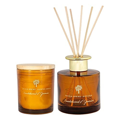 Image of Nicola Spring Sandalwood & Jasmine Scented Candle & Reed Diffuser Set - 130g Soy Wax Candle 21 Hour Burning Time Small Relaxing Fragrance Gift Set Aromatherapy 200ml Fragrant Diffuser