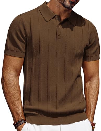 Image of PJ PAUL JONES Men's Polo Shirts Short Sleeve Casual Ribbed Golf Polo T Shirts Brown XL