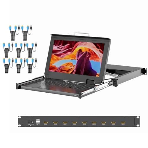 Image of Rack Mount KVM w/15.6'' LCD Monitor, Arvitek 8 Port KVM Switch HDMI w/Handle, Fit 1U 19'' Rack, Suitable for 600-800mm Network Cabinet (Included 8 HDMI KVM Cables)
