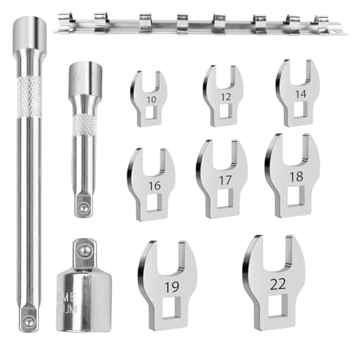 Image of Filltown 11Pcs Crows Foot Spanner Set, Crowfoot Wrench Set, Metric Silver Wrench Heads, 10mm/12mm/14mm/16mm/17mm/18mm/19mm/22mm Replaceable Flare Nut Wrenches Spanners for Fasteners with Sleeve Tools