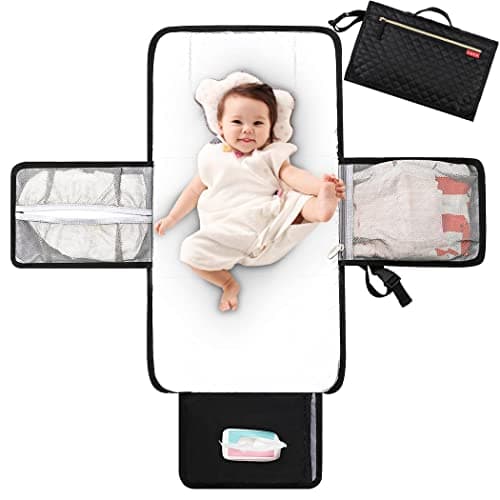 Image of Lekebaby Portable Nappy Changing Mat Travel Baby Change Mat with Wipe-Pocket and Head Cushion, Quilting Black