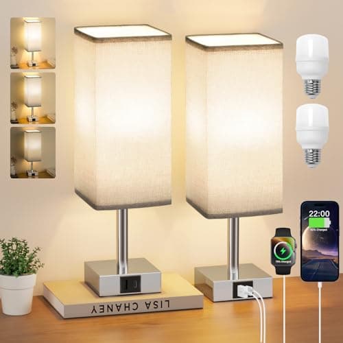 Image of Aooshine Touch Control Bedside Lamps Set of 2, Touch Lamps with USB-C+A Charging Ports, 3-Way Dimmable Table Lamps for Bedroom with Grey Fabric Shade(Bulbs Included)