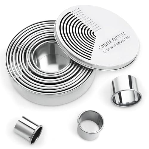 Image of 12 Pcs Round Cookie Cutters Set, Pastry Cutter, Circle Biscuit Cutters, 304 Stainless Steel Ring Cookie Cutters for Baking Donut Scone Fondant DIY Cake