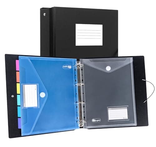 Image of Agoer A4 Ring Binder Folders,Black File Folder with 12 Plastic Sleeves in 6 Colours,Plastic Dividers,Writable Labels and Card Holders,Display Folder Perfect for Presentations, Meetings, School, Office