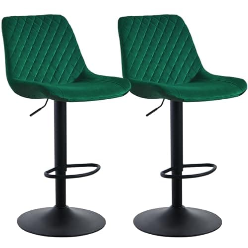 Image of JaHECOME Velvet Green Bar Stools Set of 2- Modern Swivel Height Adjustable Barstools with Black Metal, Armless Large Padded Cushion Breakfast Counter Chairs for Kitchen Island, Pub, Restaurant, Café