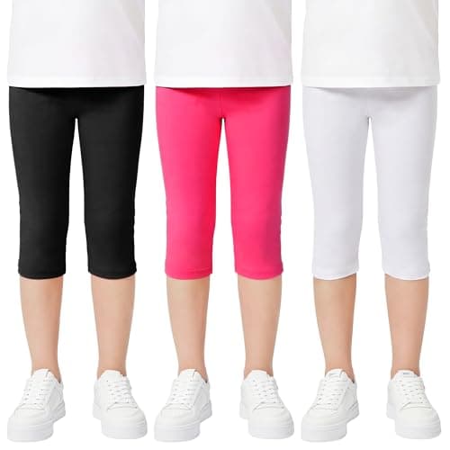 Image of Domueay Girls Leggings 3/4 Length Cotton Capri Legging, Pack of 3, Stretchy Breathable Soft Cropped Trousers Gymnastic Sports Tights Casual Wear Kids Clothes 9-10 Years, Black White Rosered
