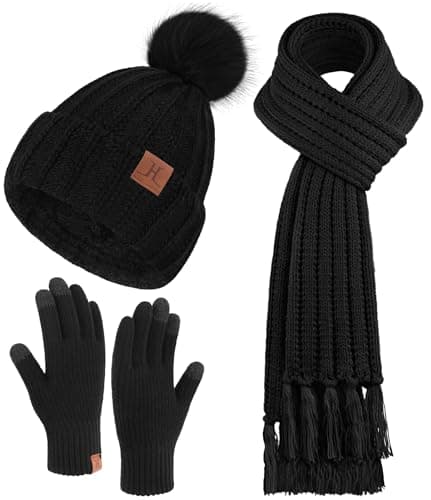 Image of ZASFOU Womens Winter Beanie Hats Scarf Touchscreen Gloves Set Knit Fleece Lined Beanies Pompom Hat Scarves Gifts for Women Black