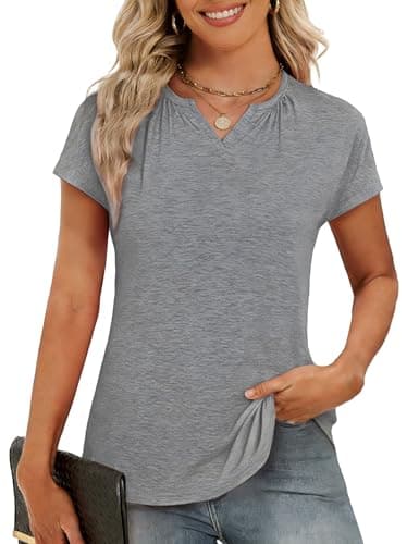 Image of Crewhpo T Shirt for Women UK Ladies Summer T-Shirts Short Sleeve V Neck Basic Tee Tops Casual Fitted Tunic Blouse Solid Color Tshirts Grey