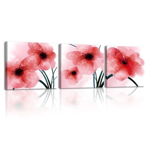 Image of Piy Painting 3 Pieces Modern Wall Pictures For Living Room Red Flowers Decorative Canvas Paintings Artwork Canvas Pictures For Wall Decor 12x12 Inch