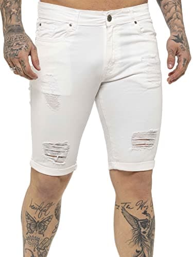 Image of 989Zé ENZO Mens Shorts Ripped Skinny Stretch Cotton Denim Half Pants Casual Summer Shorts EZS383 White 32