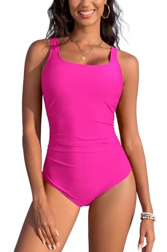 Image of SHEKINI Women's Underwire Swimming Costume One Piece Swimsuit Tummy Control Ruched Vintage Push up Bathing Suits Swimwear Pink