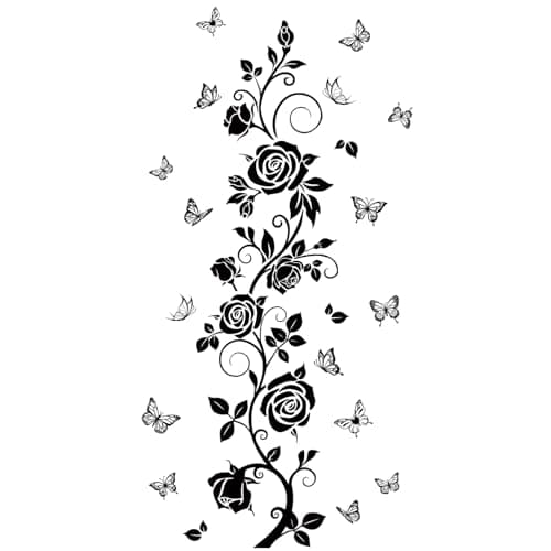 Image of FUFUQUARE Black Flowers Vine Wall Stickers Rose Floral Butterfly Wall Decals Vinyl Removable for Bathroom Bedroom Living Room Nursery Office Decoration