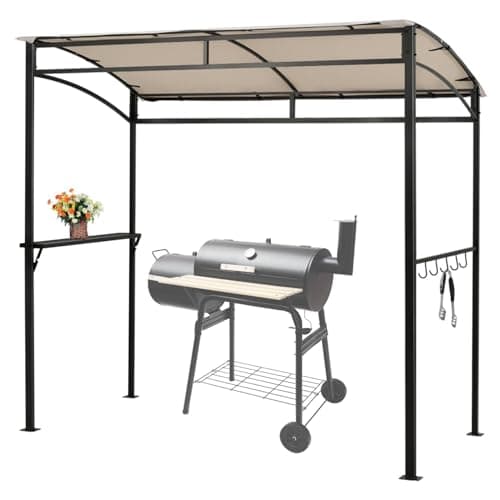 Image of SPOTRAVEL BBQ Grill Gazebo, Outdoor BBQ Shelter with Side Shelf & 5 Hooks, Metal Frame Sunshade Awning Canopy Tent for Garden Patio Backyard (Beige, 216 x 108cm, no Extra Shadow)
