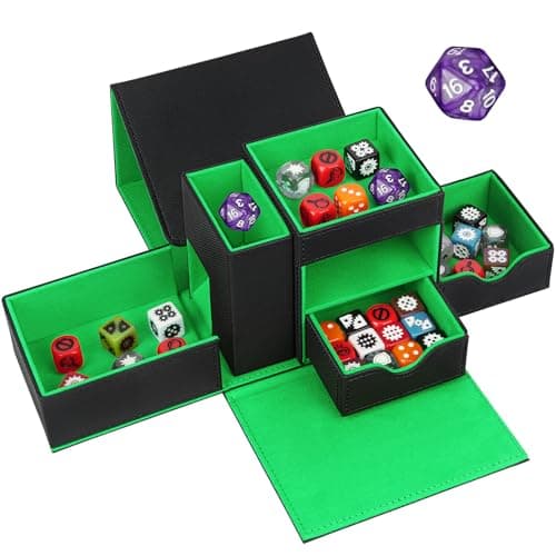 Image of Jaffzora 3 in 1 Dice Tower & Dice Storage Box, Magnetic Leather Dice Tray & Dice Roller, Portable Dice Organizer for Dungeons & Dragons, MTG, RPG & Tabletop Games, Black & Green
