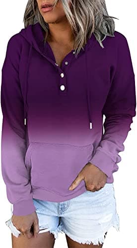 Image of KISSMODA Women's Tie Dye Color Hoodies Tops Long Sleeve Casual Drawstring Button Down Pullover Sweatshirt with Pocket Gradient Purple XXLarge