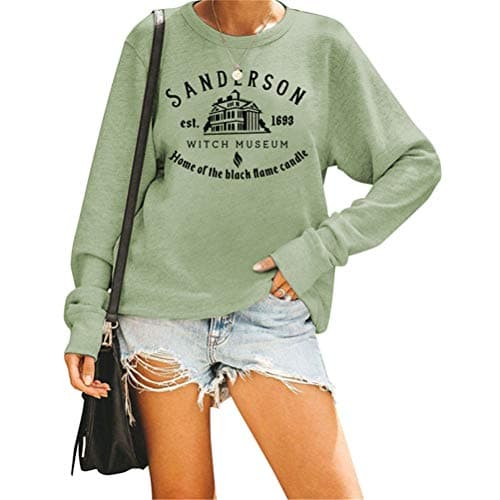 Image of N/G Sanderson Est 1693 Witch Museum Home of The Black Flame Candle Letter Print Crew Neck Pullover Sweatshirt