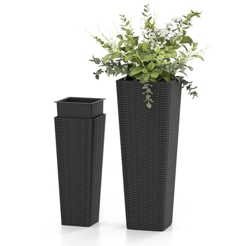 Image of TANGZON Square Planter Set of 2, Tall Flower Pots with Drainage Holes & Removable Inner Container, Indoor Outdoor Flower Plant Pot Garden Decor (60 cm + 82cm Tall, Rattan Pattern)