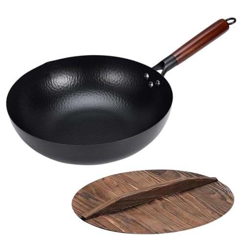 Image of YOPOTIKA 32cm Iron Wok Pan with Wooden Lid, Non Stick Wok Pan Stir Fry Pan with Lid, Deep Fish Scale Design No Chemical Coating 1.5mm Thick Flat Bottom Suitable for Gas and Induction Cookers