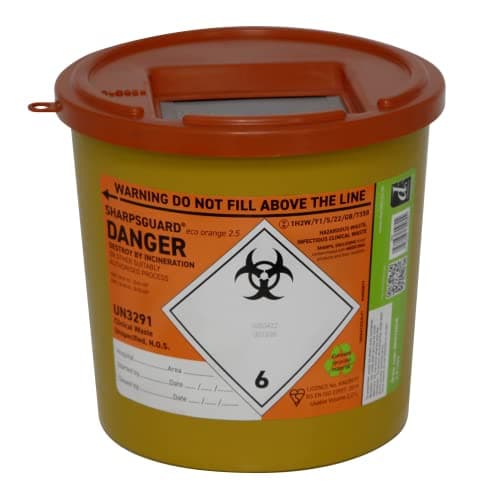 Image of SharpsGuard Orange Lid 2.5 Litre Colour Coded Sharps Bin