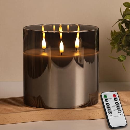 Image of Eywamage 3 Wick Smoke Grey Glass Flameless Candle with Remote, Large 6x6 inch LED Pillar Candle Battery Operated Flickering