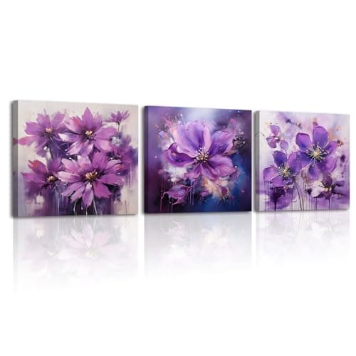 Image of Piy Painting 3 Panels Purple Flowers Floral Canvas Wall Art Romantic Blossom Pictures For Living Room Abstract Artwork Decorative Canvas Paintings Bathroom Bedroom Framed Ready To Hang,12×12 inch