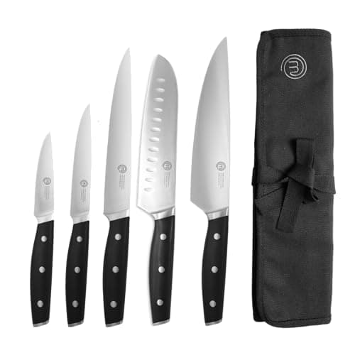Image of MasterChef Chef Knife Set with Bag, Professional Chef Knives x 5 with Knife Roll Bag, Premium Kitchen Knife Set with High Carbon Stainless Steel Blades & Triple Riveted Handles for Precision Cooking