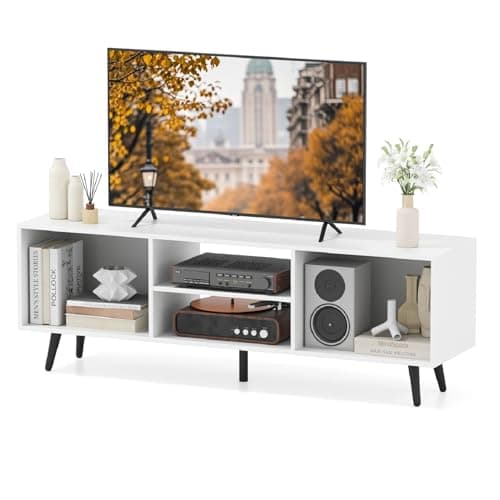 Image of COSTWAY TV Stand Cabinet for 55 Inch TVs, 120cm Wooden Media Entertainment Center with Open Storage Shelves, 5 Metal Legs TV Unit Console Table for Living Room Bedroom (White)
