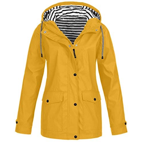 Image of Womens Breathable Lightweight Waterproof Jackets Outdoor Hooded Women Trench Coats Zipper Windbreaker with Hood For Hiking Skiing Trekking Travelling (B-Yellow, XXXL)