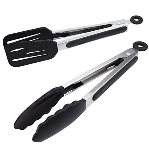 Image of Alimat PluS Kitchen Tongs 9 Inches, Cooking Tongs with Stainless Steel, Silicone Tongs for Serving, Nonstick Food Tongs Set of 2, Black