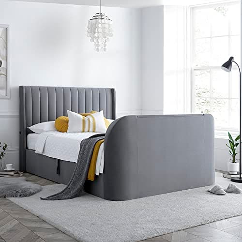 Image of happybeds Velvet TV Bed, Luther Grey Velvet Ottoman Electric Media TV Bed, Double, King, Super King Size (Double)